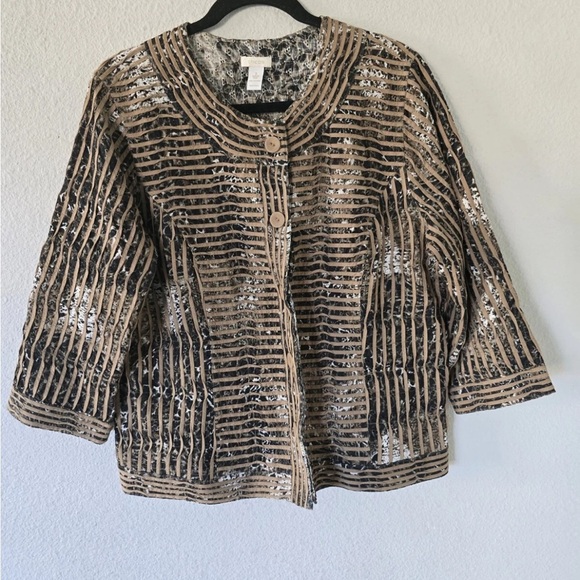 Art To Wear Chico's Jacket L Women Jungle Print Duble Button Bohomein Excellent - Picture 5 of 14